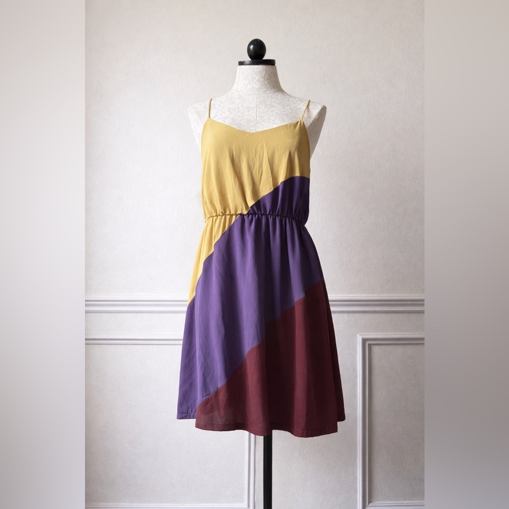 Audrey Mustard, Purple & Burgundy Colorblock Spaghetti Strap Dress